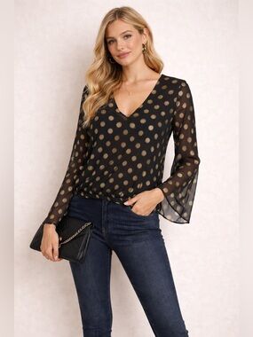 Show Me Your MuMu Black Gold Polka Dot Sheer Blouse Small V Neck Top
